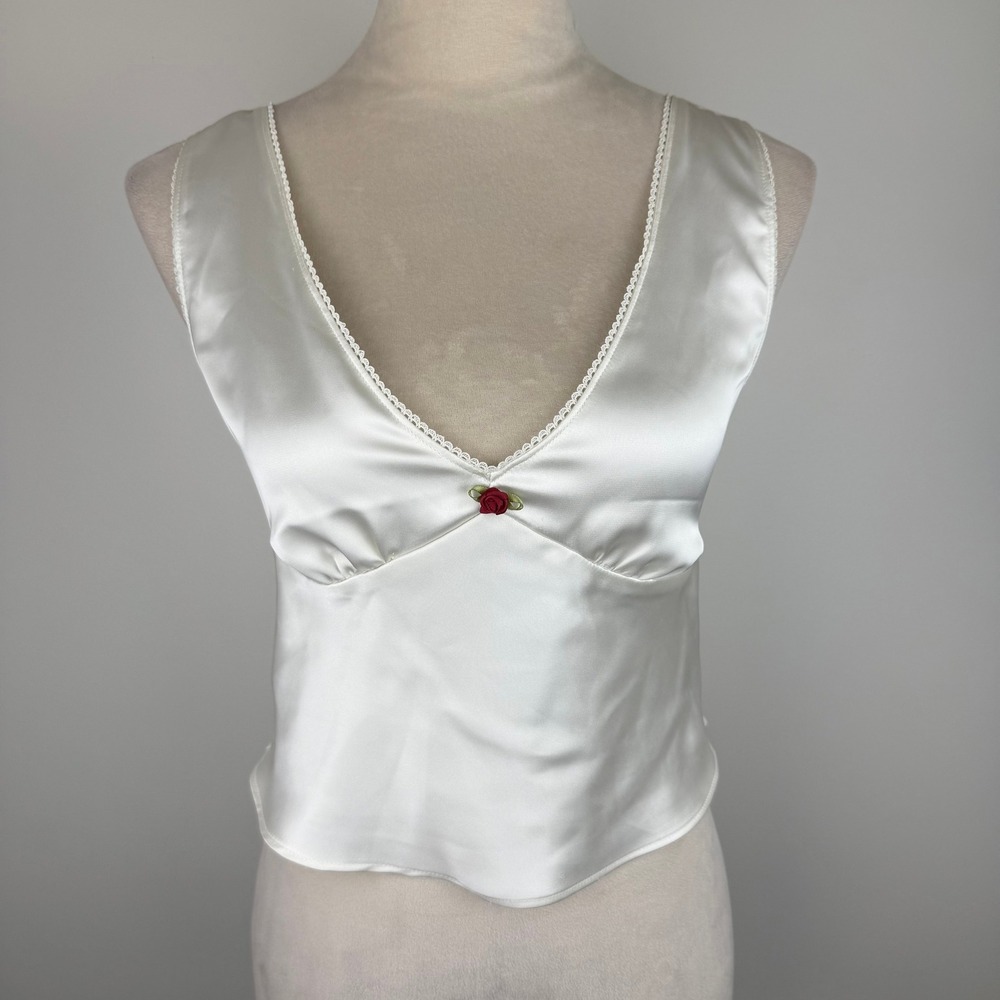 Women Ivory Satin Lace Trim Rose Accent Cami Top Cream V-Neck Chic Sz XS Cropped